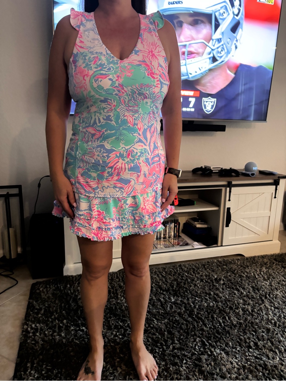 Lilly Pulitzer Pink & Mint Floral Ruffle V-Neck Romper